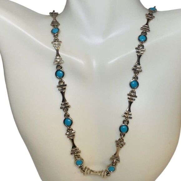 Blue Turquoise Silver Tone Station Vintage Bohemian Minimalist Necklace 27” - Picture 3 of 13